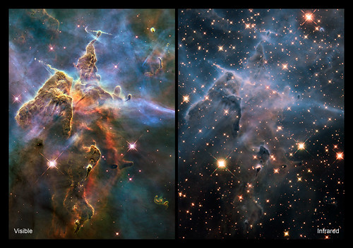 ภาพเปรียบเทียบระหว่างช่วงคลื่นที่ตามองเห็นและช่วงคลื่นอินฟาเรด  เครดิต NASA/ESA/M. Livio & Hubble 20th Anniversary Team (STScI)
